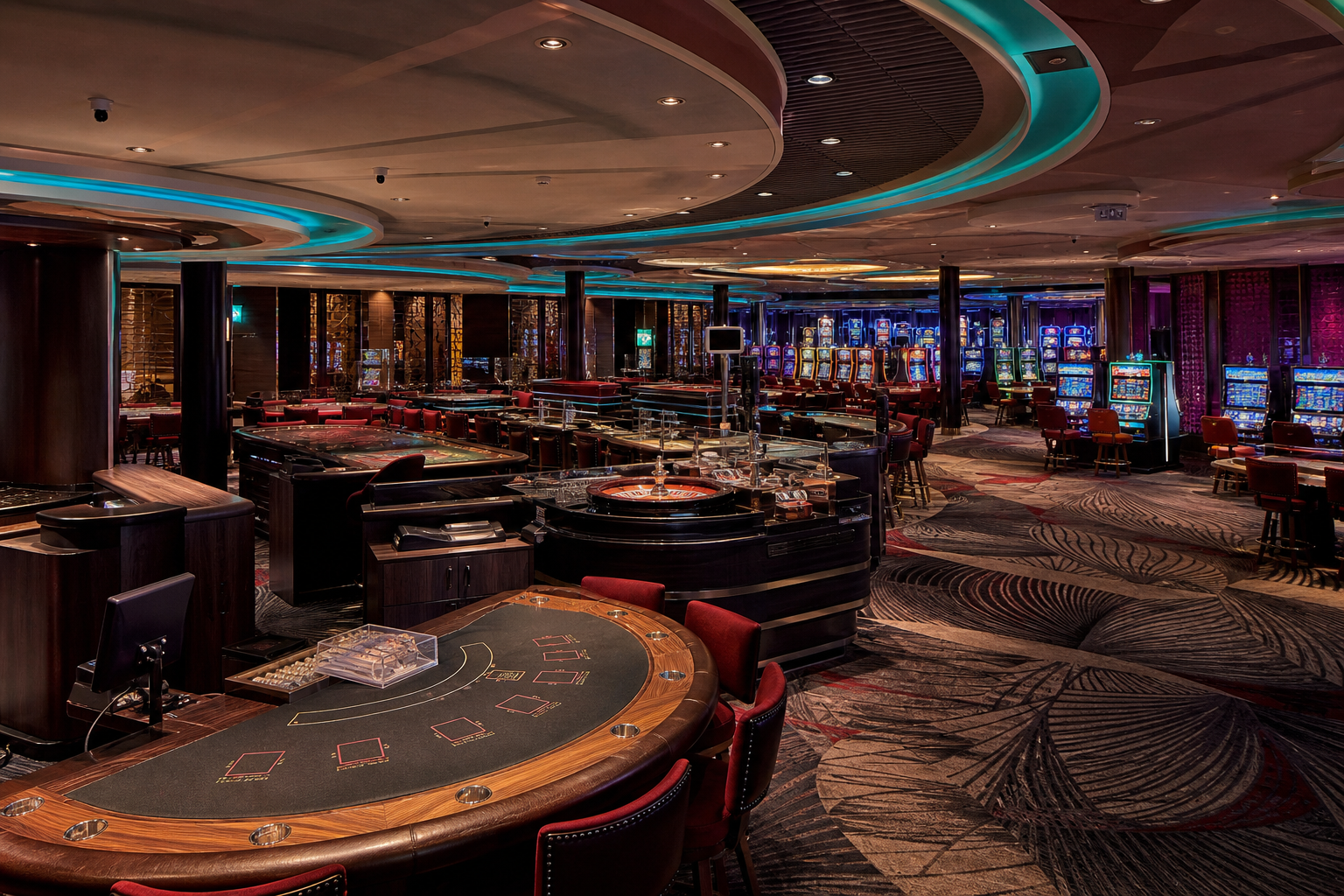 Vue coordonnée d’une salle de casino avec roulette, blackjack et machines à sous