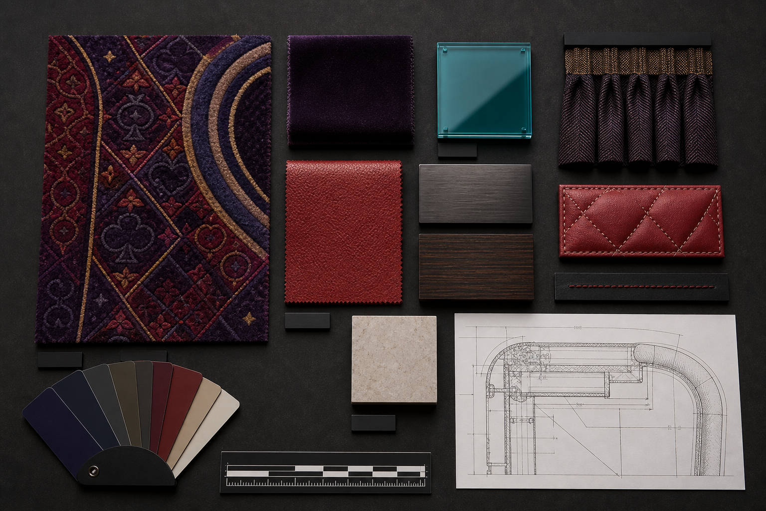 Échantillons de tissu, moquette, métal, pierre et bois pour casino